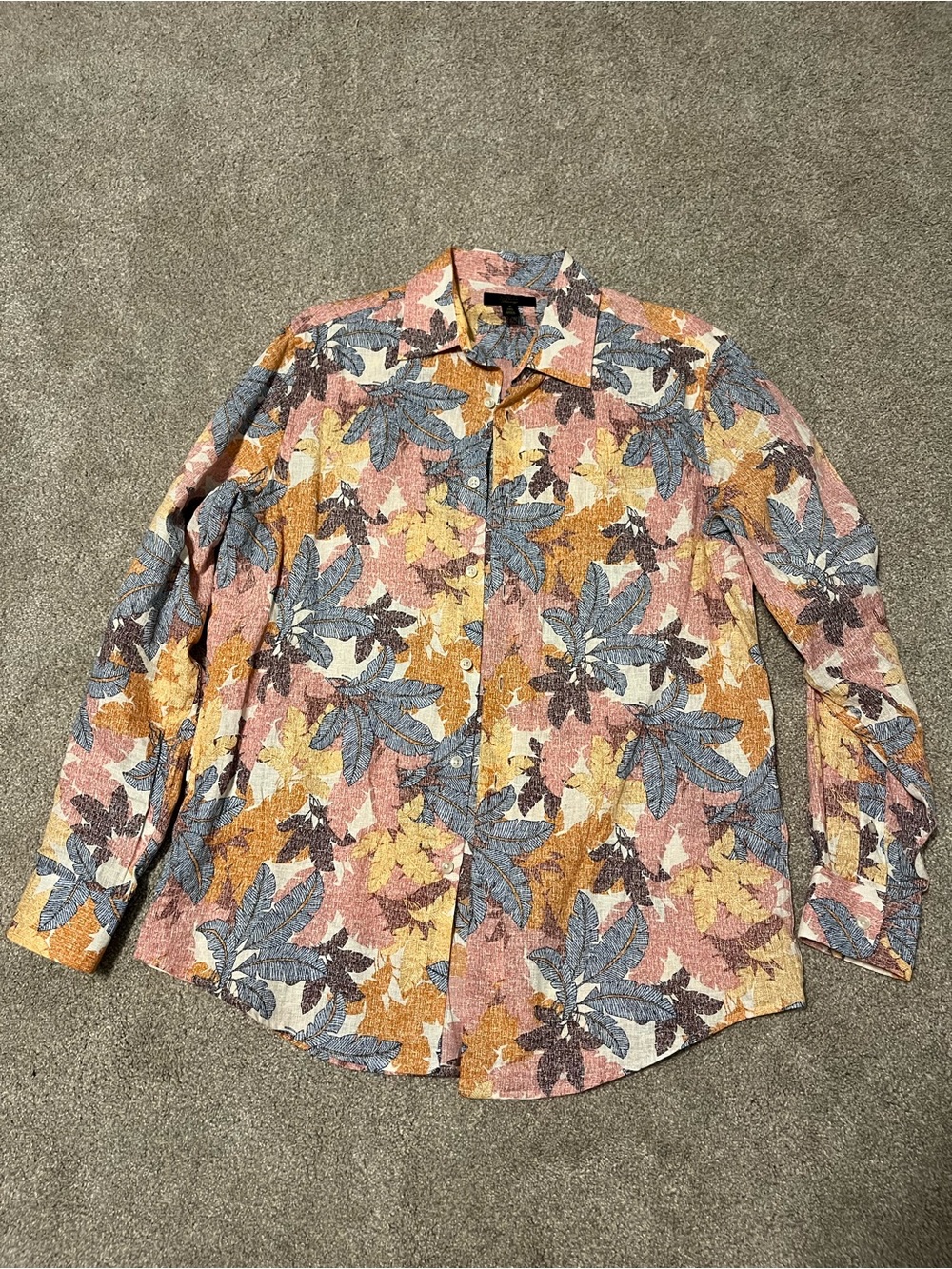 Men's Linen Multicolor Leaf-Print Button-Up Shirt